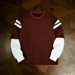 Men's Fake Two-Piece Spring Long Sleeve Sports Shirt, Color Block Trendy Design Hip Hop Street Style, Crew Neck Pullover Sweatshirt Casual Sportswear