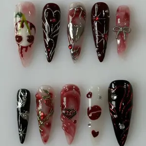 S214 Dark Love Press-On Nails, 3D Bloody Cherry & Silver Heart Charms, Black White Red Swirl Ombre, Gothic Romance Aesthetic, Custom Halloween Vibes, Solana Nails Town