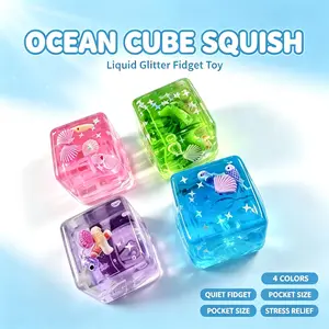 cean Cube Liquid Glitter Squish Fidget Toy, Clear Jelly Sea Animal Pocket Stress Relief Cube, Quiet Silent Sensory Anxiety Toy, Portable Mini Desk Squishy Gift for Kids Teens Adults, 4 Pastel Ocean Colors