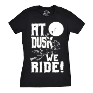 Womens At Dusk We Ride T Shirt Funny Halloween Witch Tee Funny Womens T Shirts Cute Vintage Fashion Casual Ladies T-Shirt Gift Halloween Tops for Women Women's Novelty Tees Black