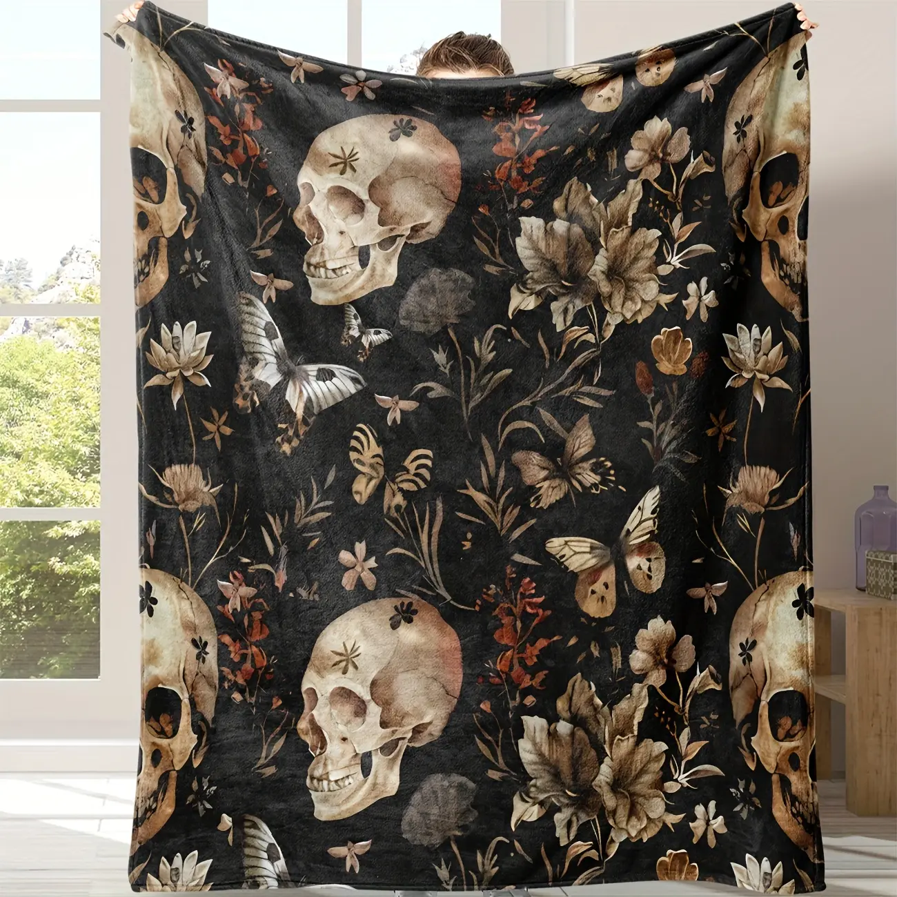 Skull Style，Retro Vintage Cow Skull & Floral Printed Gothic Flannel Throw Blanket - 280GSM Soft Cozy All-Season Flower, Fantasy Bohemian, Botanical, Bouquet Style Blanket for Couch, Bed, Ideal Home Decor Gift, Flower Blankets, Fantasy Bohemian Blankets