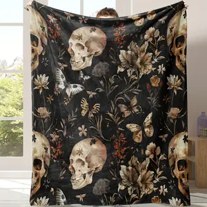 Skull & Floral Flannel Throw Blanket - Soft & Cozy All-Season Blanket for Couch, Bed, Travel, Office - 280GSM Flannel Gift with Gothic Print