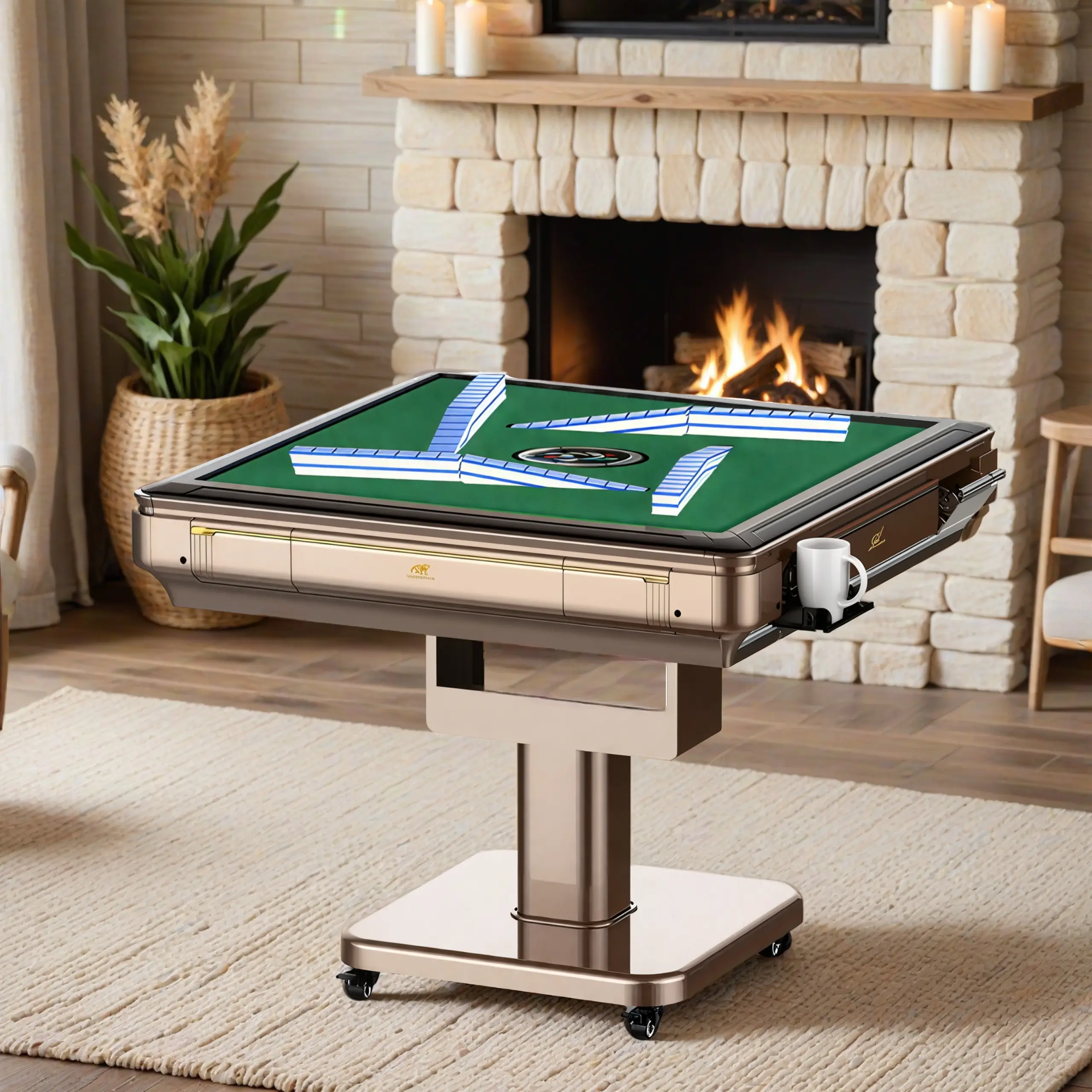 Roller Coaster Version Automatic Foldable Mahjong Table Champagne Gold With 2-Sets 44MM Extra Large Tiles + USB Charger (Not Included Table Cover)
