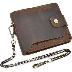 Men's Genuine Real Leather Bifold Horizontal Standard Snap Chain Wallet Purse 406
