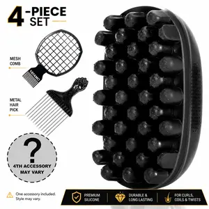 4-in-1 Freeform Styling Kit for Black Hair, Upgraded Silicone Twist Brush with Stainless Steel Metal Fist Pick & Mesh Comb, Professional Afro Hair Care Set for Coils and Twists Curling Comb