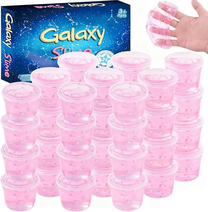Valentine's Day Gift 24 Pack Pink Galaxy Slime Party Favors – Non-Sticky Galaxy Star Slime Cups for Girls & Boys, Soft and Wet Slime, Perfect Birthday Gifts, Classroom Rewards, and Goodie Bag Stuffers