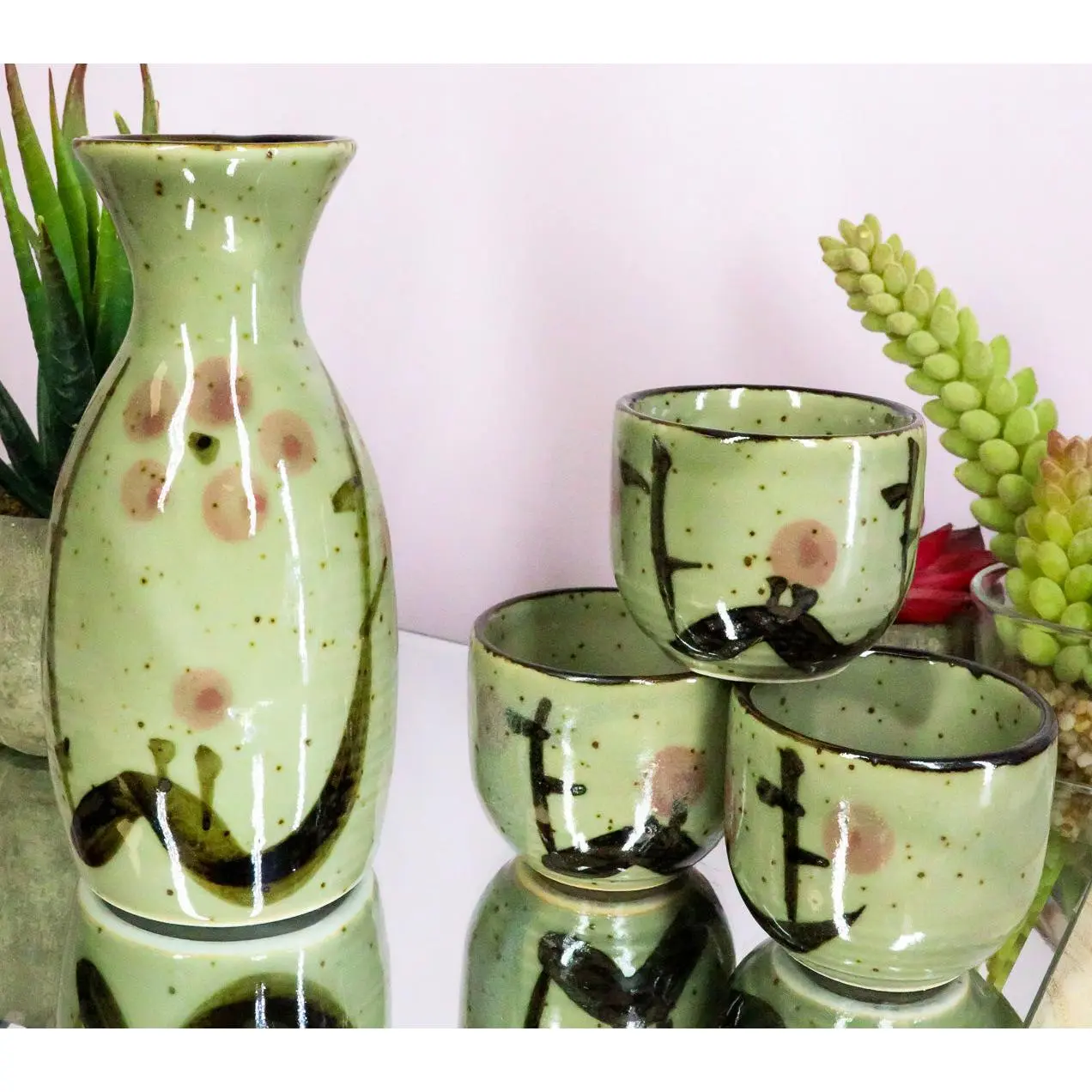 Ebros Gift Japanese 5oz Ceramic Matcha Cherry Blossom Sake Set Flask With Four Cups Made In Japan