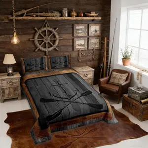 Lake House Comforter Set,Nautical Anchor Paddle Boating Themed Bedding Set,Kids Boys Men,Retro Grey Brown Wooden Board Grid Quilted Duvet Set