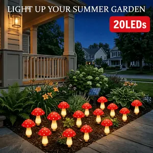 20 LEDs Outdoor Solar Mushroom Ground Plug-in red Color Mini Mushroom Warm Lights, Waterproof Solar Courtyard Decoration Cute Little Mushroom Light, with 8 Lighting Modes.