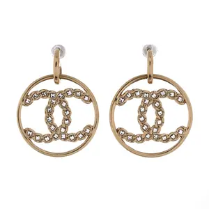 Pre-owned Chanel High Society CC Dangle Hoop Earrings Metal with Crystals by Rebag