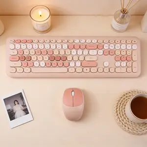 MOFii 1 Set Wireless Keyboard and Mouse Combo, Silent for Girls Office, Milk Tea Color Round Keycaps, Universal for Laptop/Desktop, US Qwerty (Batteries Not Included)