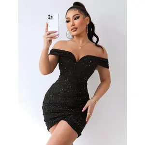 Women’s Off-Shoulder Ruched Wrap Sleeveless Bodycon Dress with Glitter Sequins, Summer Clothing for Women, Chic Elegant Sparkling Mini Party Evening Gown, Ladies Summer Clothes, Lady Formal Wear, Comfortable Basic Minimalist Women’s Apparel