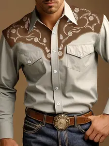 Men’s Fashion Printed Button Shirt, Unique Western-Style Floral Print, Creates a Stylish Casual Look for Men, Four-Season Casual Wear, Polyester Fabric, High-Quality Texture, Suitable for Gifting, Traveling Long Sleeve gifts for dad shirts for men