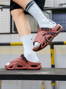 Men's Mecha-Style Thick-Soled Slides, Breathable Hollow Two-Way Sandals, Non-Slip Elevated Casual Outdoor Slippers, Footwear