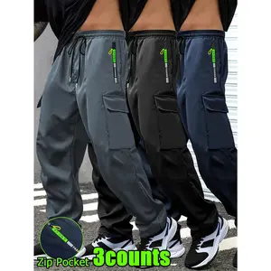 3pcs Men's Lightweight Cargo Pants with Drawstring Elastic Waist, Multiple Zipper Pockets & Large Side Pockets - Breathable Regular Fit Casual Outdoor Pants for Spring/Fall (Black/Grey)