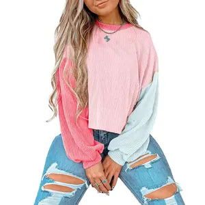 Asvivid Women's Casual Chic Round Neck Twisted Ribbed Knit Colorblock Ribbedknit Twisted Threads Sropped Shoulder Sleeves Pullover Sweatshirt