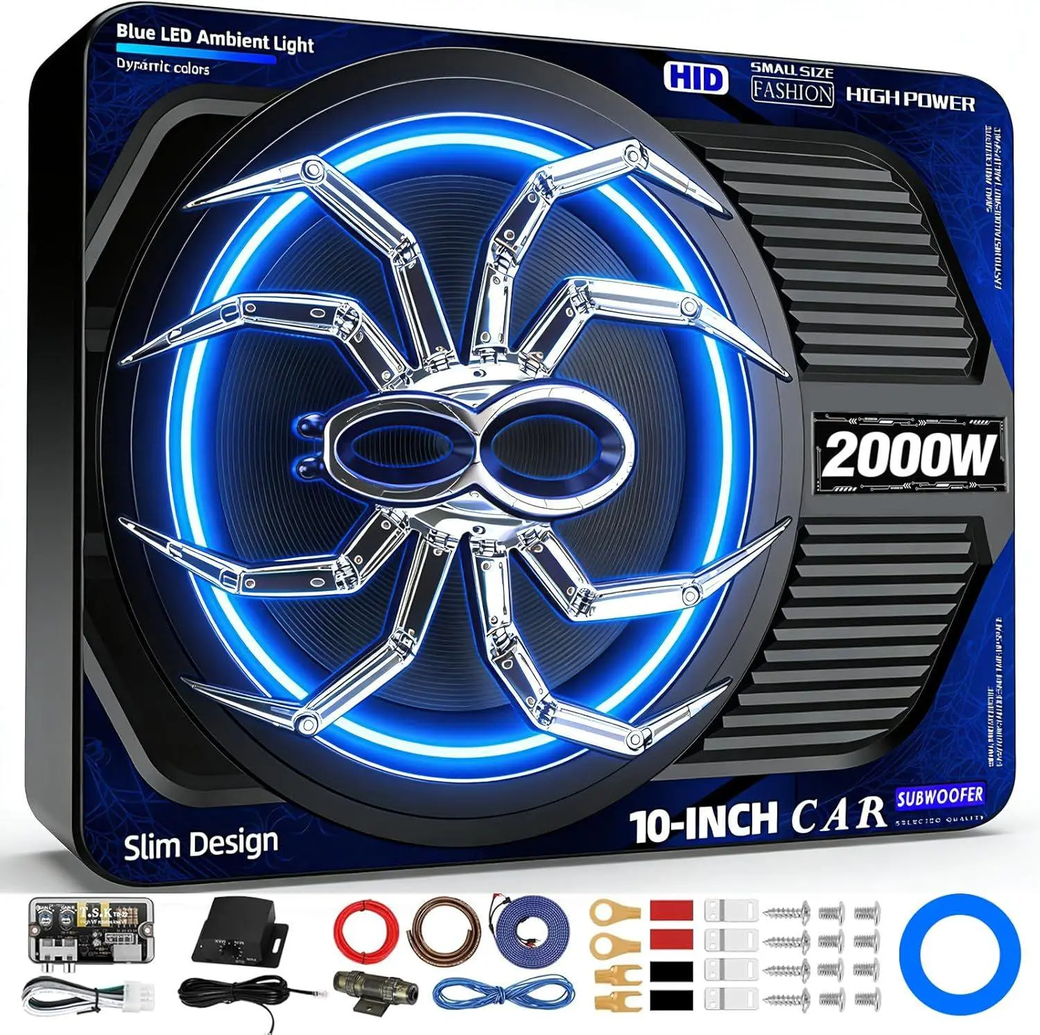 TANVSO 2000W 10-in Slim Powered Underseat Car Subwoofer & Amplifier Package, Built-in Class D Amplifier & DSP, Blue LED Switch, Low Pass Filter, Bass Boost for Trucks, SUVs sound system Cast Aluminum