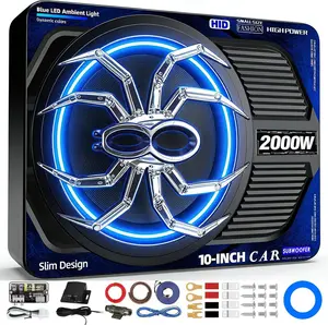 TANVSO 2000W 10-in Slim Powered Underseat Car Subwoofer & Amplifier Package, Built-in Class D Amplifier & DSP, Blue LED Switch, Low Pass Filter, Bass Boost for Trucks, SUVs sound system