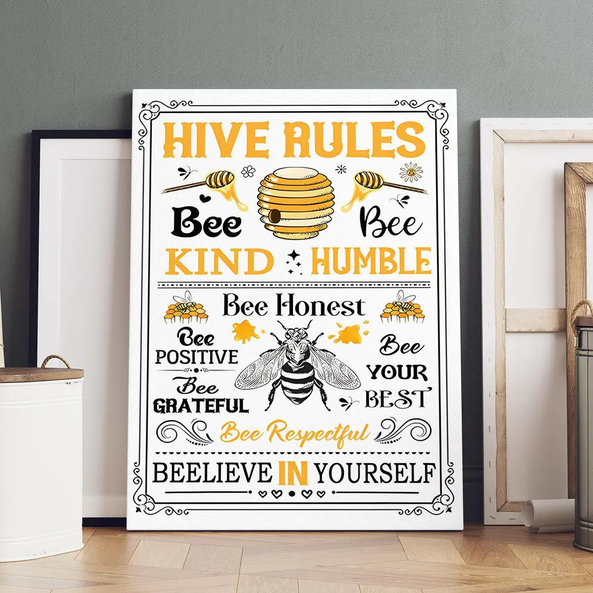 1 Count Wooden Framed Canvas, Hive Rules Inspirational Quotes Wall Decor Poster, Vintage Bee Theme, Framed Print  - Perfect for Home, Office, Kitchen, and Bathroom