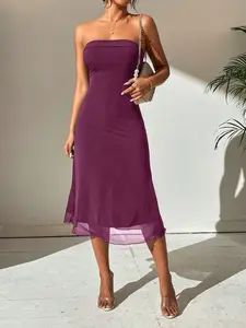 Women's Purple Strapless Midi Dress - Satin-Like Smooth Bodycon Loose Formal Elegance Cocktail Dress Valentine's Day