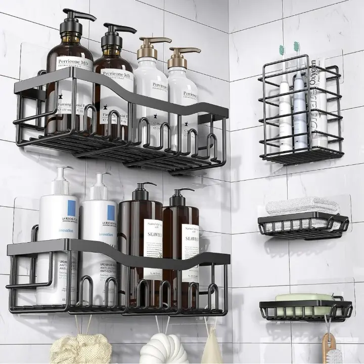7-Pack Shower Caddy Adhesive,Stainless Steel Shower Organizer Shelf | Rustproof, with Soap Dish Toothbrush Holder, Large Capacity, No-Drill Rack Bathroom Storage Accessories, 24 Hooks, Home Decor