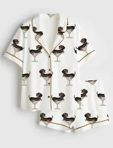 Weenies Martinis Dachshund Dog Social Club Satin Short Pajama Set, Cocktail Retro Bar Short Pajamas, Matching Family Sleepwear Set, Pajama Set For Men Women Kids