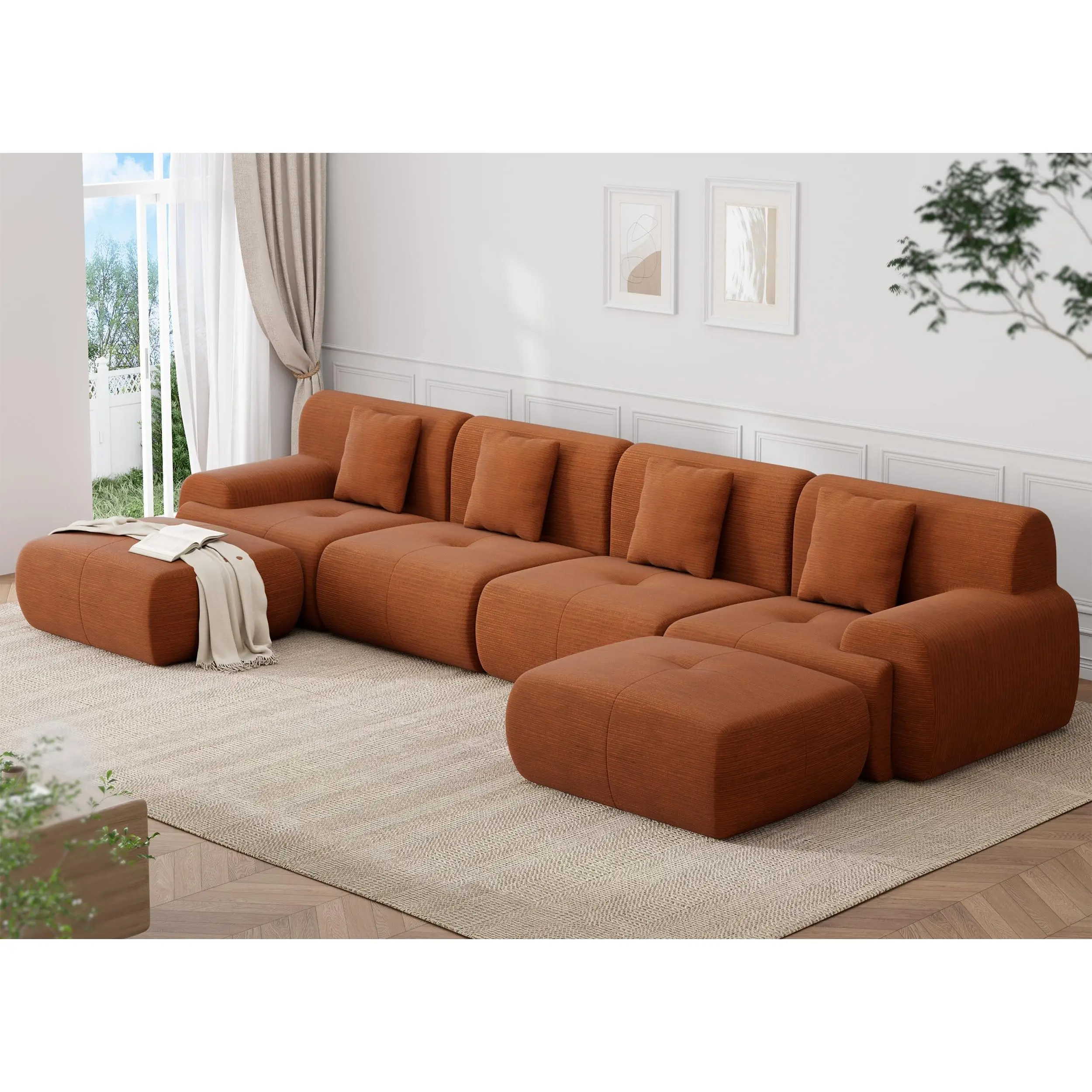 GAOMON U Shaped Sectional Couch, Modular Cloud Couch Sofa, Boneless Sectional Sofa with Corduroy Fabric, Large Couches for Living Room,Brown
