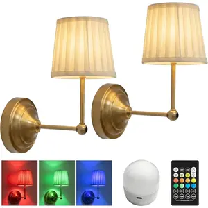 Battery Operated Wall Sconces Set of 2, Gold Rechargeable Wall Lights with 10000mAh RGB Dimmable Magnetic Bulbs and Remote,16 Colors Cordless Wall Lamps for Bedroom Living Room Hallway Decor