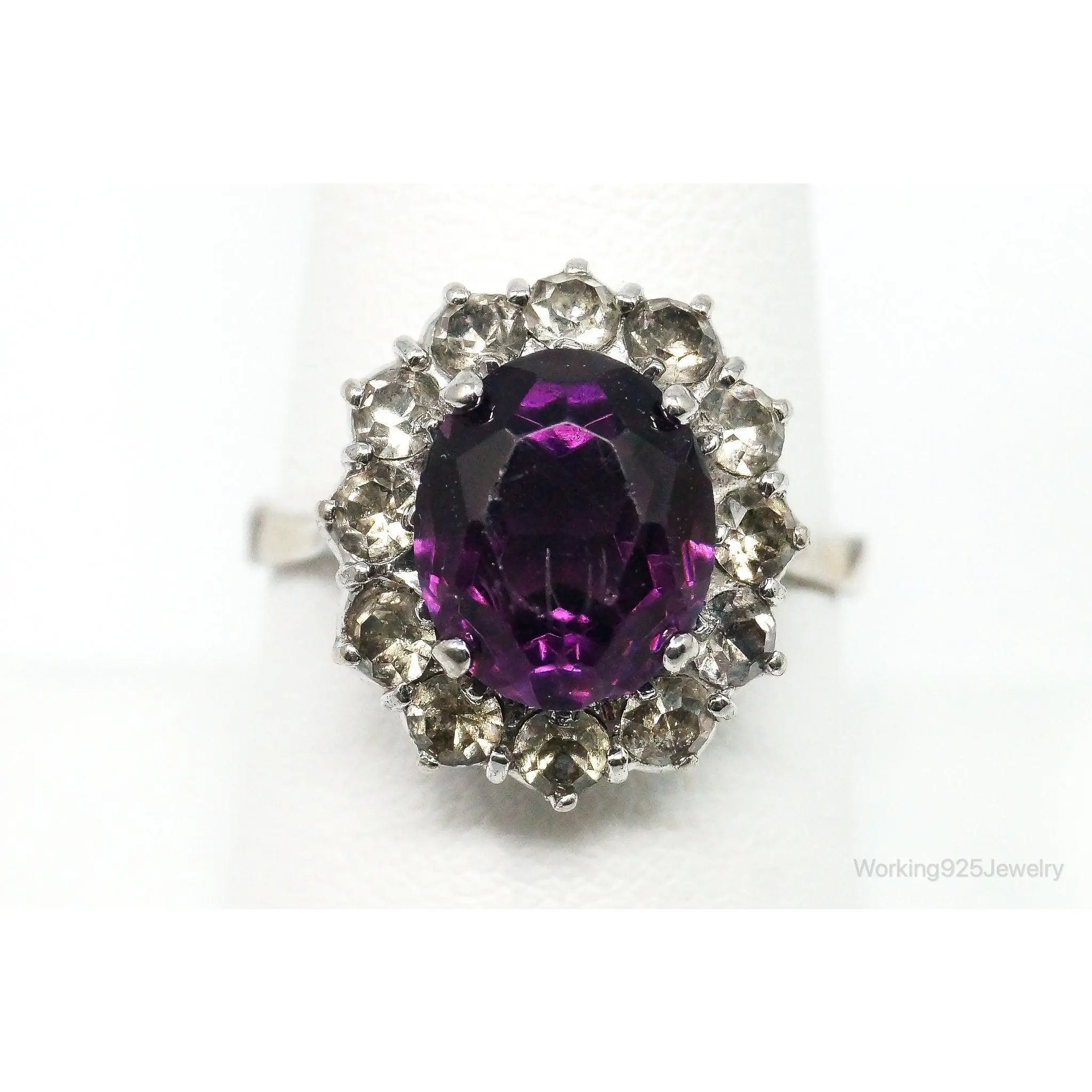 Antique Amethyst Rhinestone Sterling Silver Ring - Size 8.75