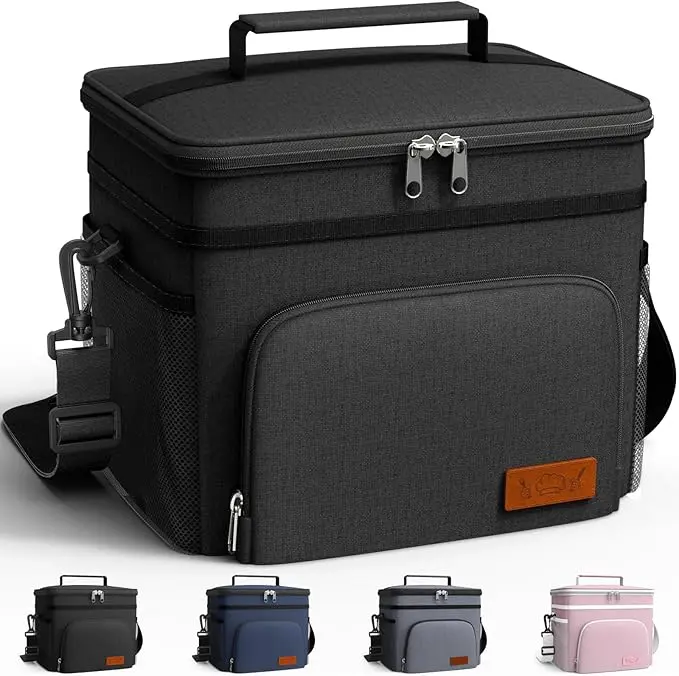 Insulated Lunch Box for Men & Women – Leakproof Lunch Bag with Adjustable Shoulder Strap, 4 Storage Pockets, Reusable Cooler Tote for Work, Travel, Picnic & Office, Medium Black (10.2" x 6.9" x 8.5")