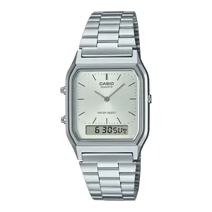 Casio AQ230A Unisex Digital Watch, Dual Time, Silver-Tone Color Stainless Steel Band, Analog Digital White Numbers Dial, Water Resistant