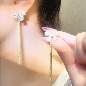 Silver Needle Fashion Tassel Zircon Bowknot Cute Fresh Fairy Diamond Earrings, Fairylike, Secure Fit
