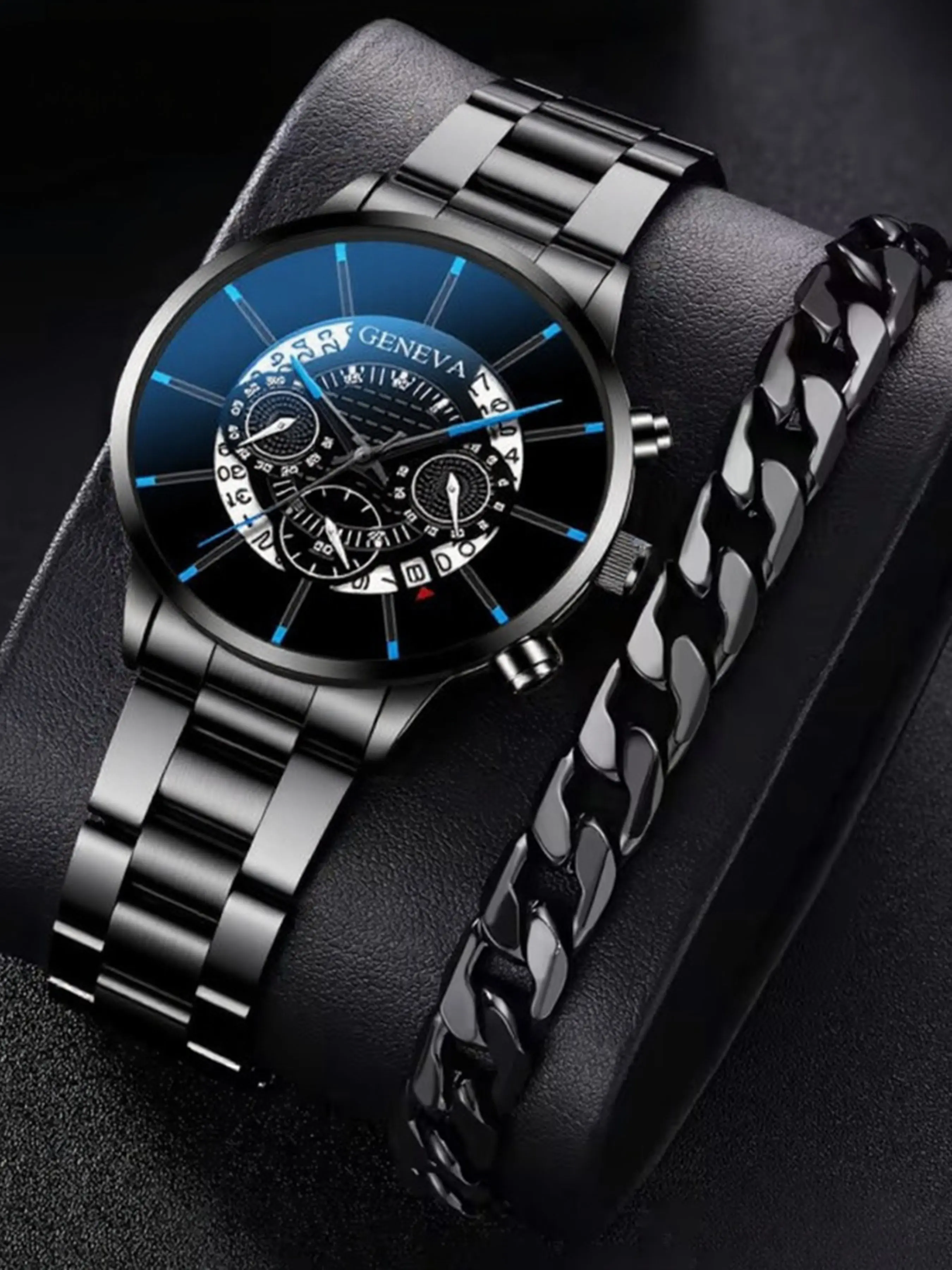 Men's Geneva Watch and Bracelet Set, Roman Dial Chronograph Watch, Cuban Chain Bracelet, Two-In-One Fashion Accessory Set, Analog Watch Set
