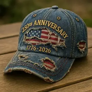 250th Anniversary Baseball Cap, USA 1776-2026, Patriotic Fashion Casual Style, Pairs well with ripped jeans and embroidered map of the United States.