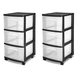 Sterilite 3-Drawer Plastic Rolling Storage Cart, Clear with Black Frame (2-Pack) Lightweight Organiser