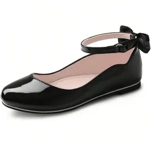 shoeslocker Girls' Black Patent Mary Jane Ballet Flats with Ankle Strap for Weddings & Parties Little to Big Kids Secure Fit Special Occasions, Party Flats, Patent Finish Flats, Round Toe