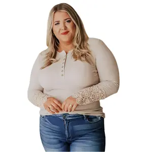 Apricot Lace Splicing Ribbed Long Sleeve Plus Size Top Casual Fit