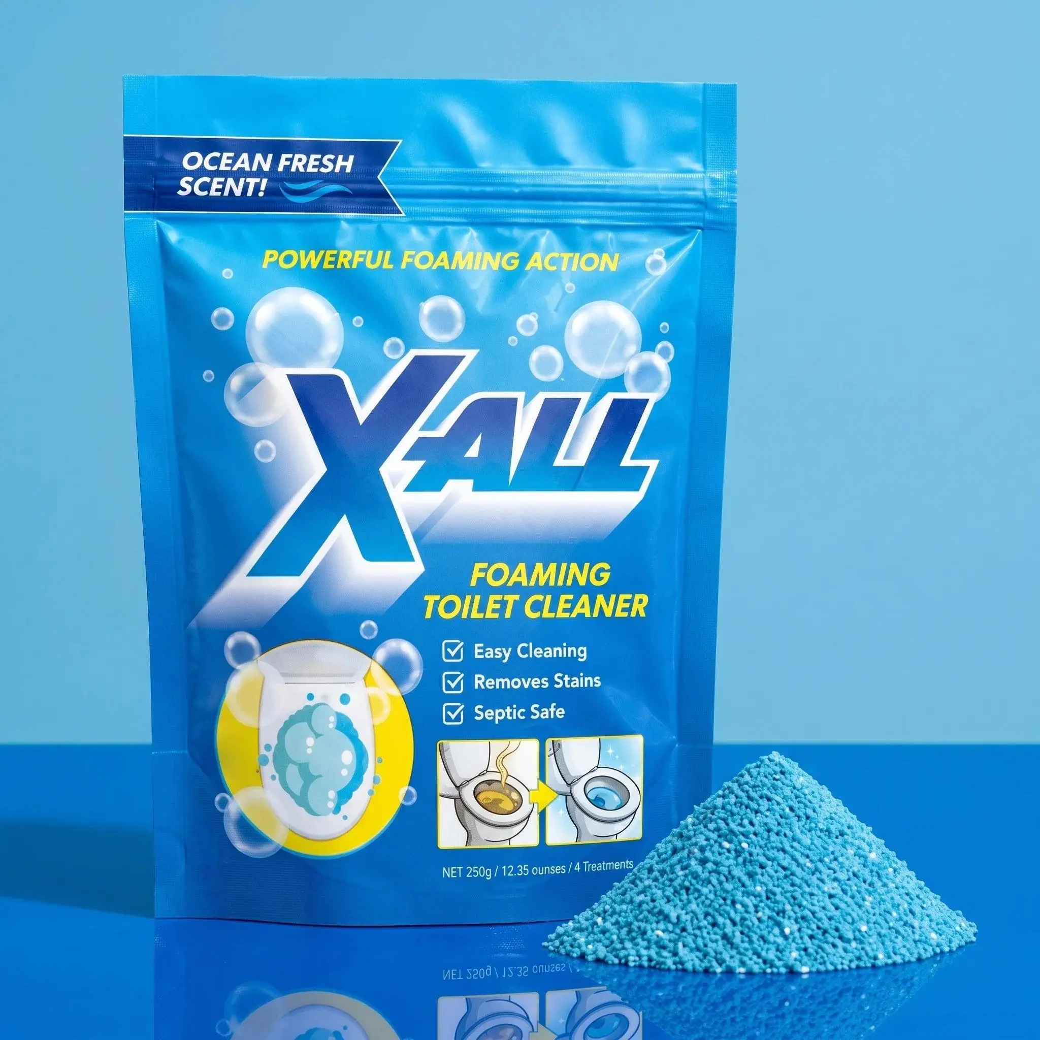 X-All Foaming Toilet Bowl Cleaner | Ocean Fresh Scent | Powerful Foaming Action Dissolves Hard Water Rings & Mineral Stains | Septic Safe | Easy Cleaning Formula | 250g / 12.35 oz | 4 Treatments Per Bag
