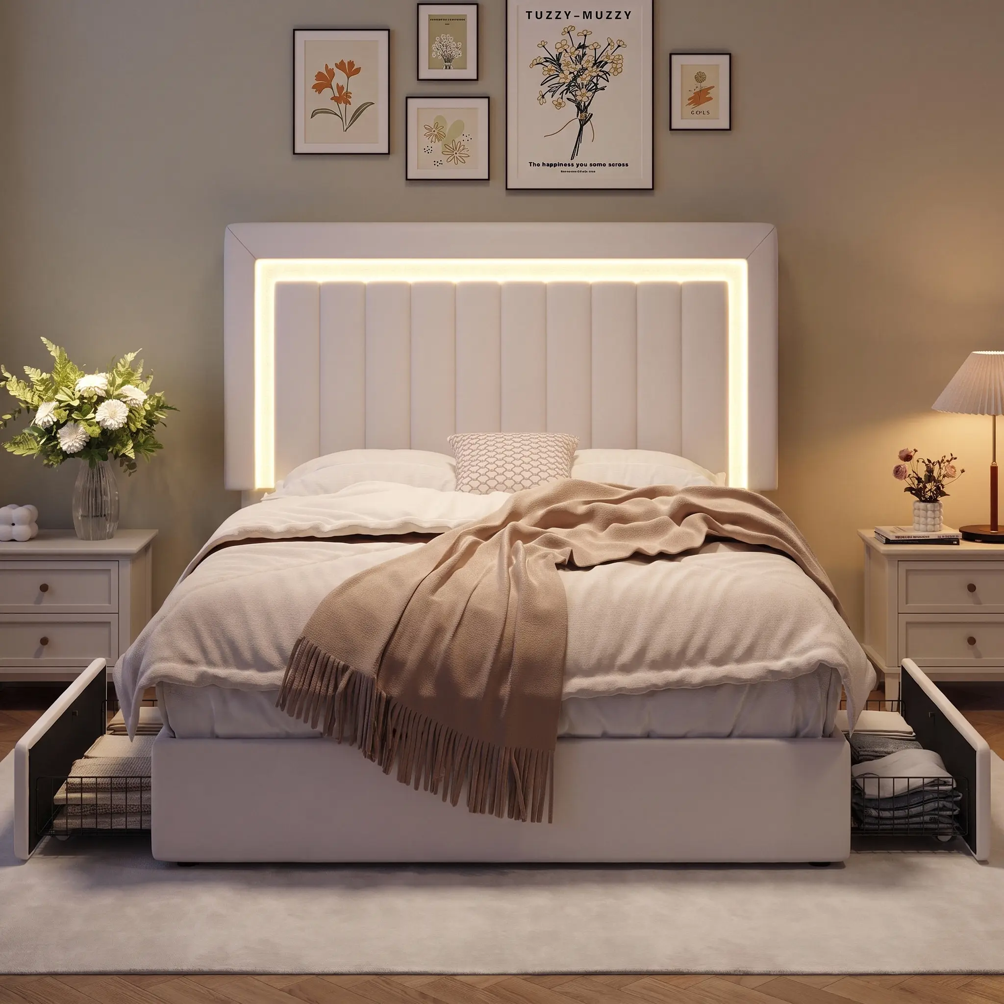 HOOMIC Upholstered Bed Frame, Vertical Striped Headboard Built-in Embedded LED Light Strip, Platform Storage Bed with 2 Storage Drawers