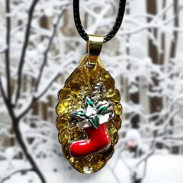 Gold Toned Spoon Necklace With Decorative Christmas Stocking