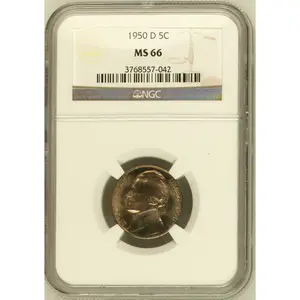 1950 D 5C JEFFERSON FIVE CENTS NGC CERTIFIED COIN MS 66