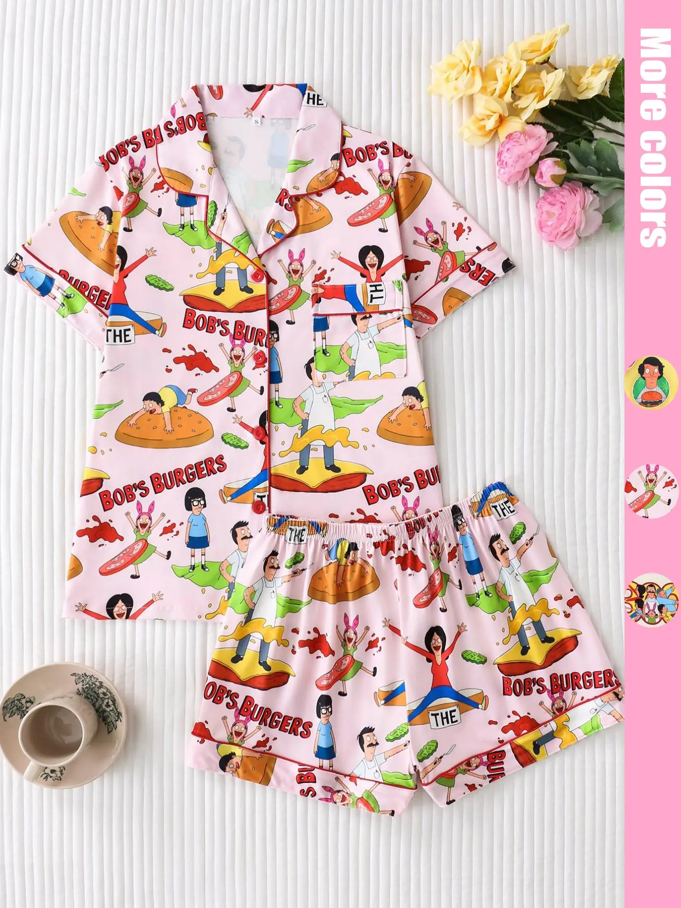 Two-Piece Anime Hamburg Theme Cartoon Full Print Women's Pajamas, Soft Silk-Like Fabric, Comfortable Loose Fit, Button Front, Short Sleeve Top and Shorts, Pajama Set, Loungewear, Loungewear Sleepwear Set, Lounge Pjs Set