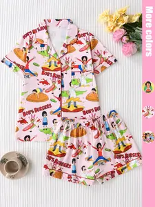 Two-Piece Anime Hamburg Theme Cartoon Full Print Women's Pajamas, Soft Silk-Like Fabric, Comfortable Loose Fit, Button Front, Short Sleeve Top and Shorts, Pajama Set