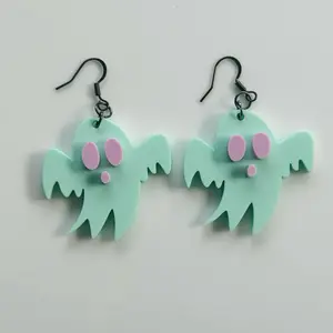 Pastel Minty Boo Ghost Earrings, Whimsical Halloween Dangles, Handcrafted Acrylic Ghost Earrings