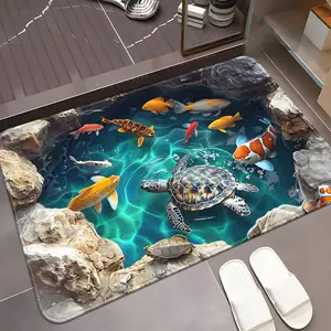 Turtle And Fish Pattern Visual Design Bath Mat Soft Flannel Comfortable Rug Machine Washable Multiple Sizes Decorative Floor Mat For Bedroom Living Room Bathroom Balcony Laundry Room Home Decor Non-Slip water absorbent