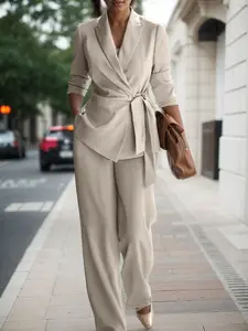 Street Fashion Commuter Belted Casual Chic Wide Leg Pants Suit Set Outfit, New Western Style Women's Elegant Blazer Jacket, Fall & Winter