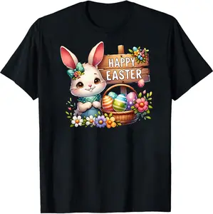 Women's Easter Bunny & Floral Print Egg Print T-shirt