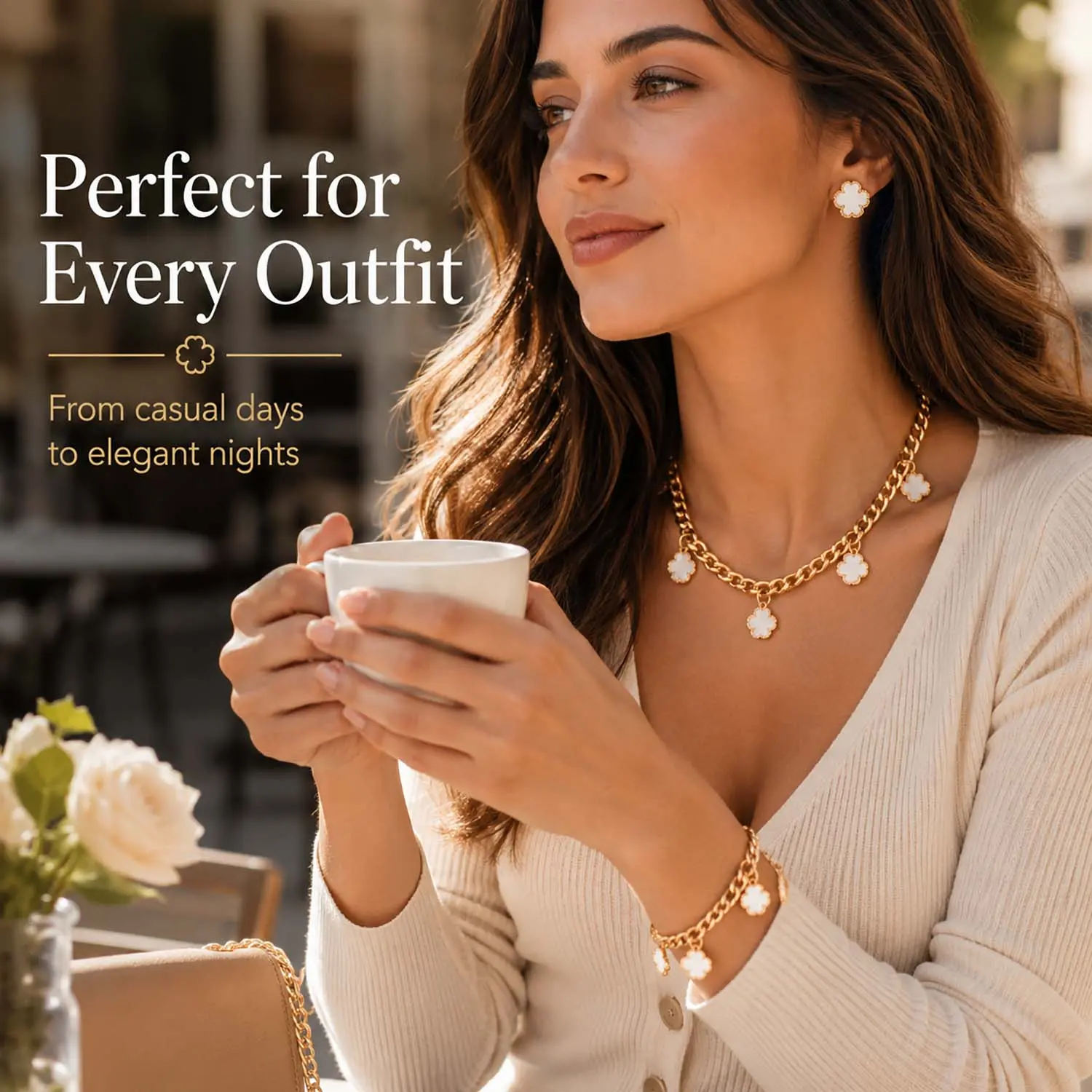 2026 New Fashionable Lucky Five-Leaf Clover Pendant Necklace for Women, Minimalist Elegant Jewelry Set with Metal Aluminium Chain, Matching Bracelet and Stud Earrings, All-Match Daily Party Accessory, Ideal Gift for Ladies