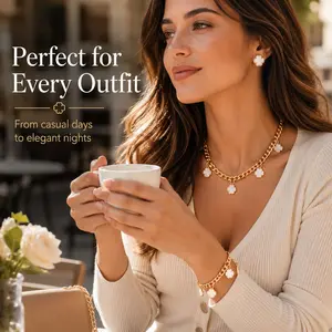 2026 New Fashionable Lucky Five-Leaf Clover Pendant Necklace for Women, Minimalist Elegant Jewelry Set with Metal Aluminium Chain, Matching Bracelet and Stud Earrings, All-Match Daily Party Accessory, Ideal Gift for Ladies