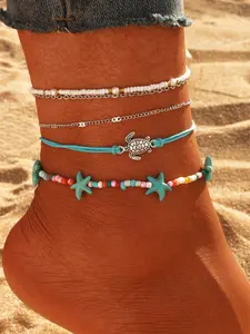 Summer Ethnic Turtle Star Colorful Rice Bead Layered Anklet Set, 5 Pieces, Casual Style, All Seasons, Nylon Chain Material, No Choking Hazard